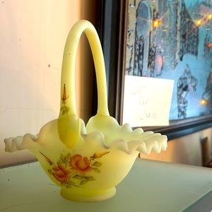 Fenton glass yellowish basket signed!